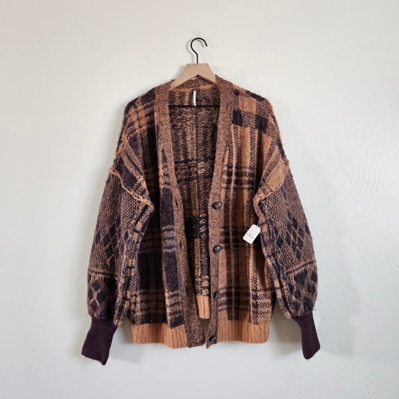 Free People Brown Plaid Sepia Sweater Cardigan in Birchwood Combo - Picture 3 of 11